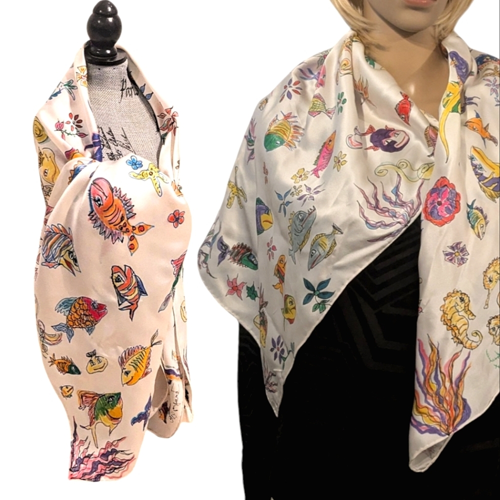 Hand painted signed silk/Satin scarf tropical fish one of a kind Original Spring - Picture 4 of 16